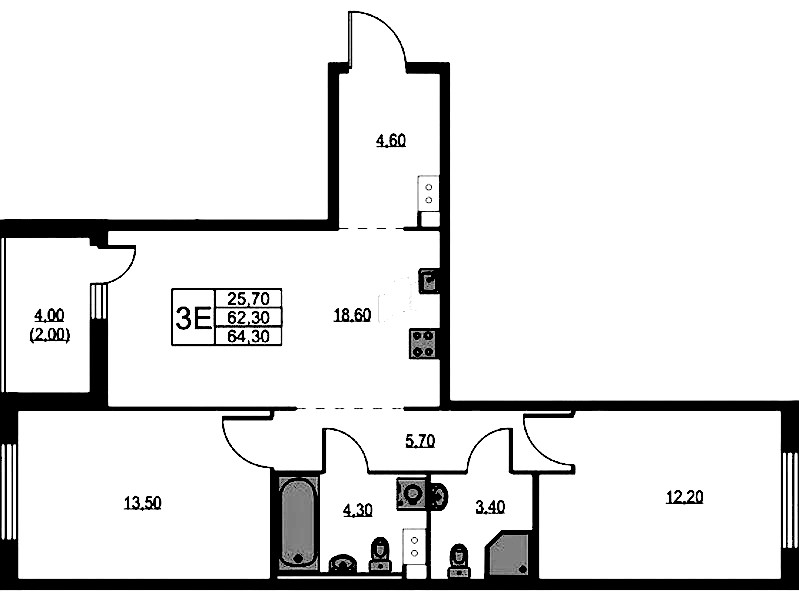 2-комнатная квартира 64.3 м², 9/12 эт., ЖК «А101 Лаголово»